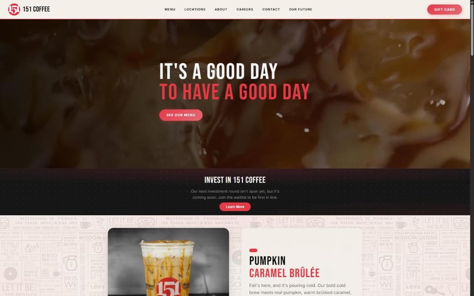 Homepage of the 151 Coffee site
